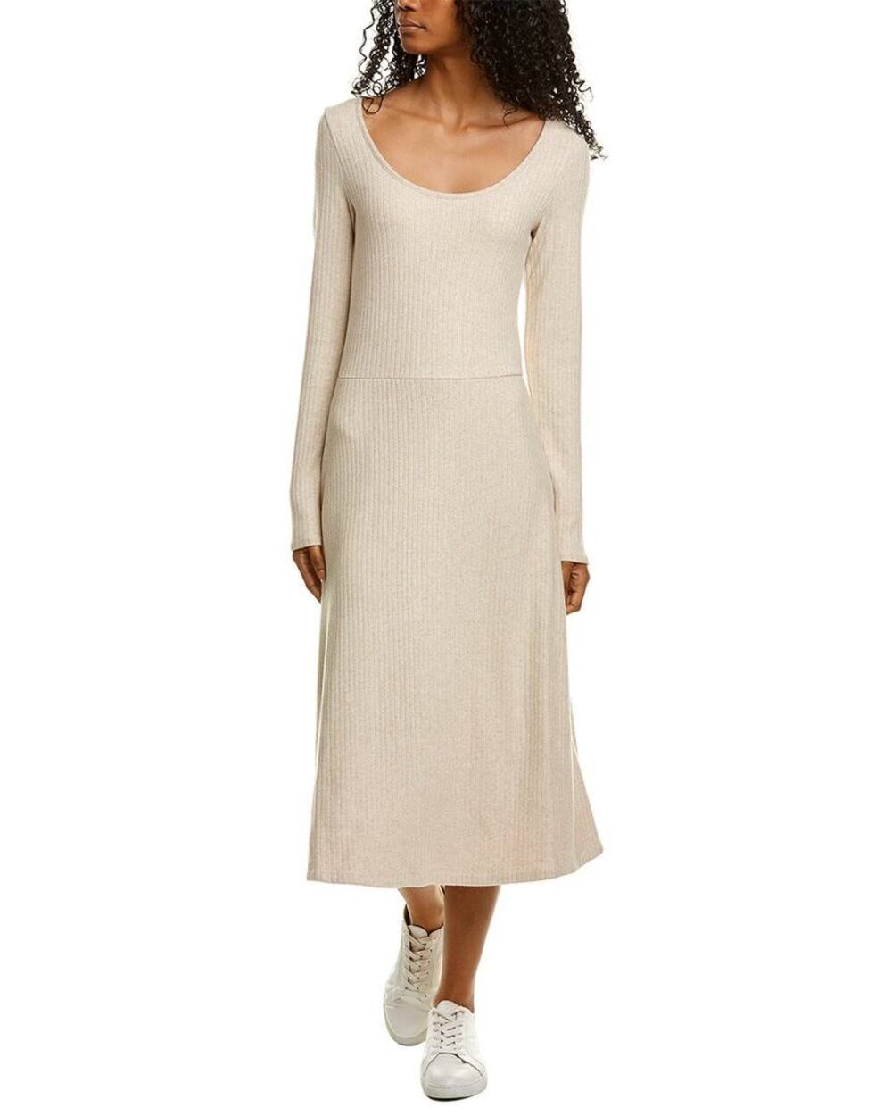 Vince Vine Ribbed Long Sleeve Sweater Midi Dress Women Oatmeal Cream Large